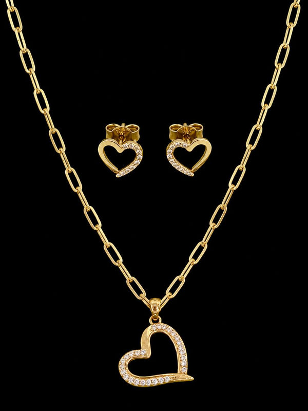 10K Yellow Gold Paperclip Chain Necklace Set CZ Heart Pendant and Matching Heart Stud Earrings 16 inch – True Smith Jewelers
