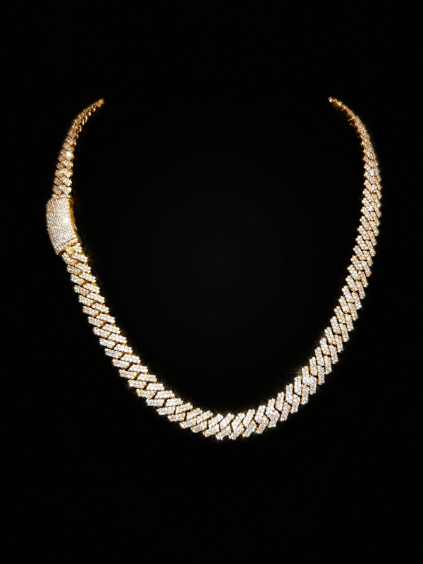 10k yellow gold fully iced-out diamond Cuban link necklace with pavé diamond box clasp on black background — True Smith Jewelers Miami