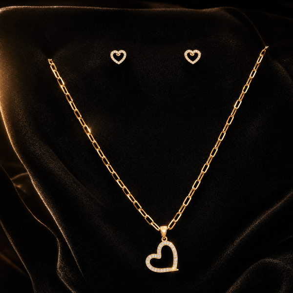 18K Gold Diamond Heart Pendant Necklace & Earring Set