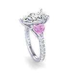 Custom 14K White Gold Pear Shape Lab Diamond Ring Angled View Pink Heart Side Stone Detail 4.05 CTW – True Smith Jewelers