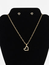 10K Yellow Gold Paperclip Chain Jewelry Set Heart CZ Pendant Stud Earrings on Mannequin – True Smith Jewelers
