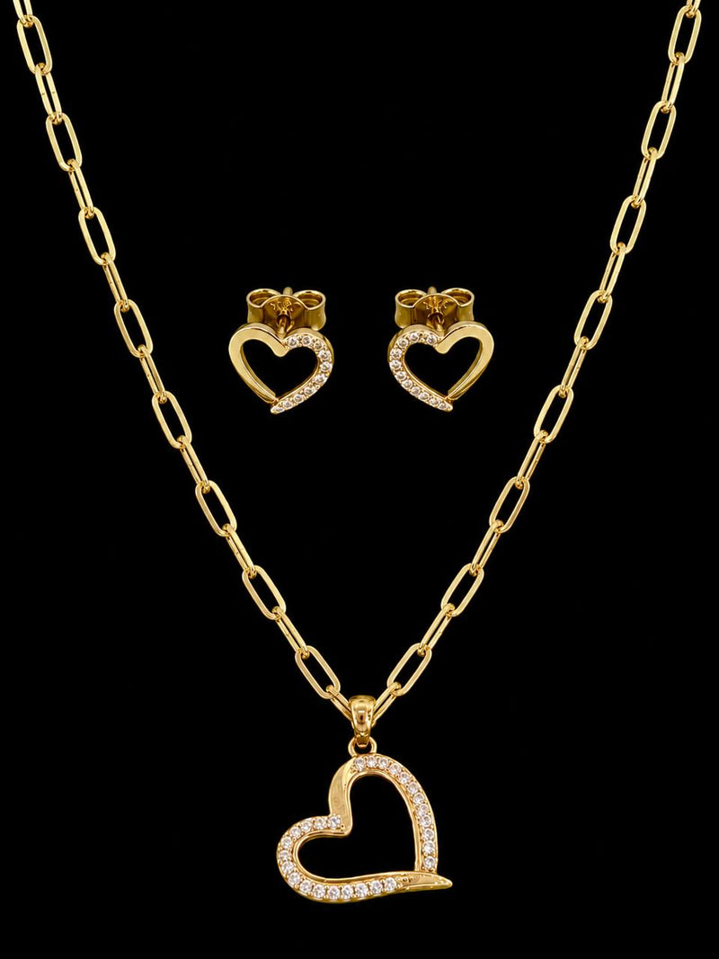 10K Yellow Gold Paperclip Chain Necklace Set CZ Heart Pendant and Matching Heart Stud Earrings 16 inch – True Smith Jewelers