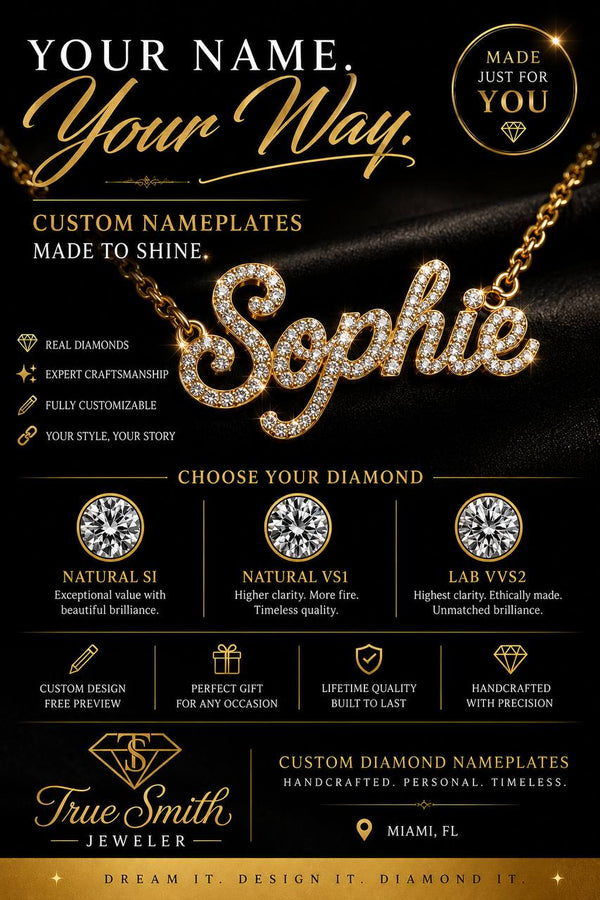 Custom Diamond Nameplate Necklace in Gold – Natural SI, VS1 and Lab VVS2 Diamonds Available – Handcrafted in Miami – True Smith Jewelers