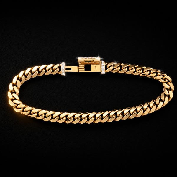10k yellow gold Miami Cuban link bracelet with pavé diamond box clasp on black leather — True Smith Jewelers Miami